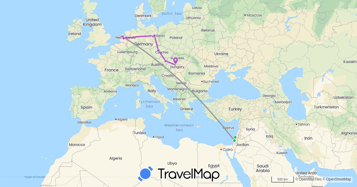 TravelMap itinerary: bus, plane, train in Austria, Czech Republic, Germany, Hungary, Israel, Netherlands (Asia, Europe)