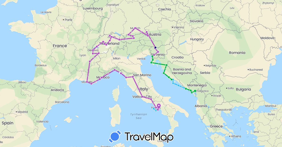 TravelMap itinerary: driving, bus, train, boat in Austria, Switzerland, Germany, France, Croatia, Italy, Liechtenstein, Montenegro, Slovenia (Europe)