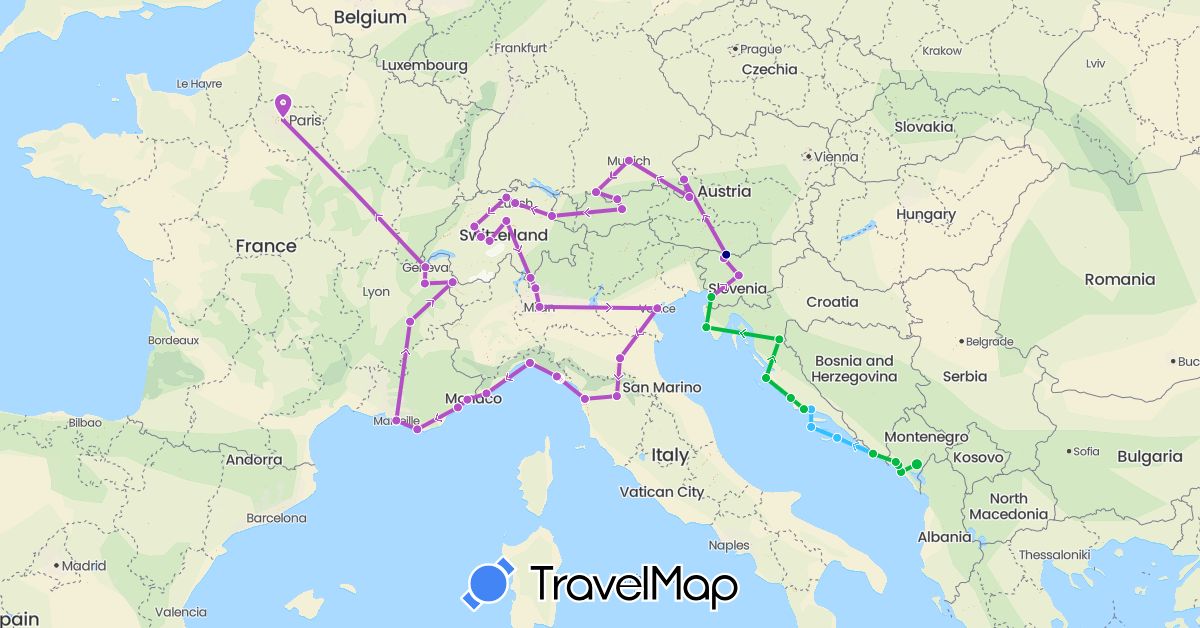 TravelMap itinerary: driving, bus, train, boat in Austria, Switzerland, Germany, France, Croatia, Italy, Liechtenstein, Montenegro, Slovenia (Europe)